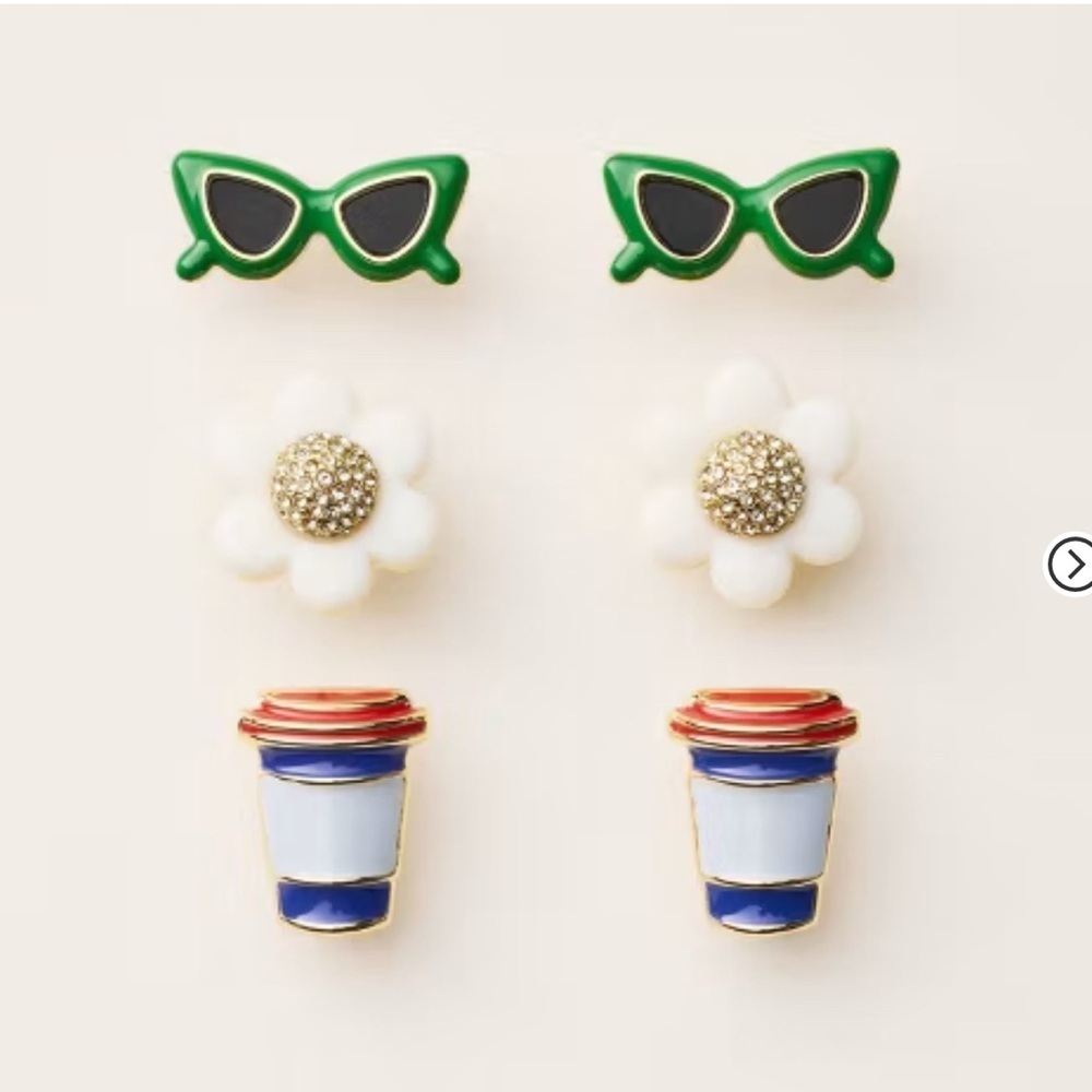 Kate Spade x Target Stud Earrings Sunglasses Flowers Coffee Cups 3 Pairs New